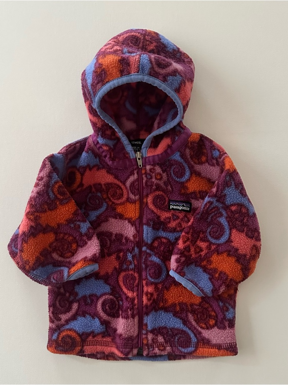 Patagonia Vintage USA 12 Months Baby Kids Hooded Fleece Jacket Chameleon